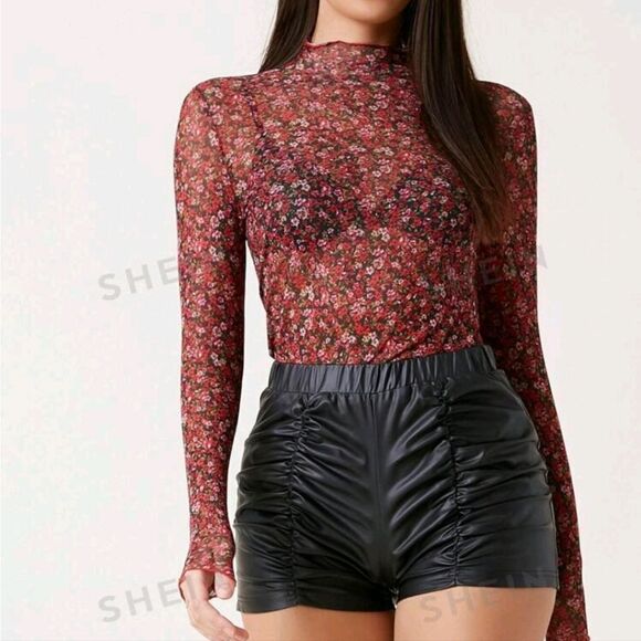 SHEIN BAE Mock Neck Ditsy Floral Top Without Bra NWOT - Picture 1 of 3
